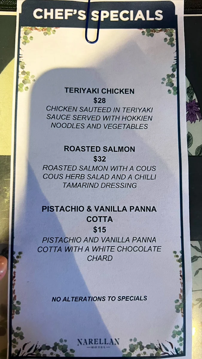 Menu, Narellan Hotel