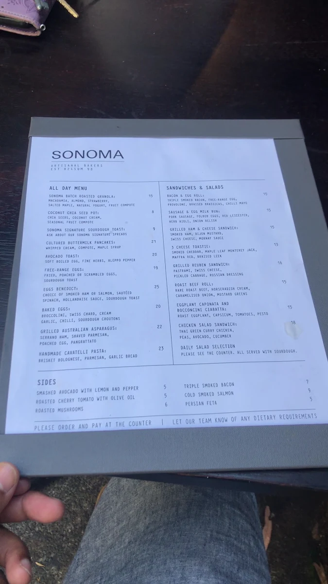 Menu, Sonoma Bakery Alexandria