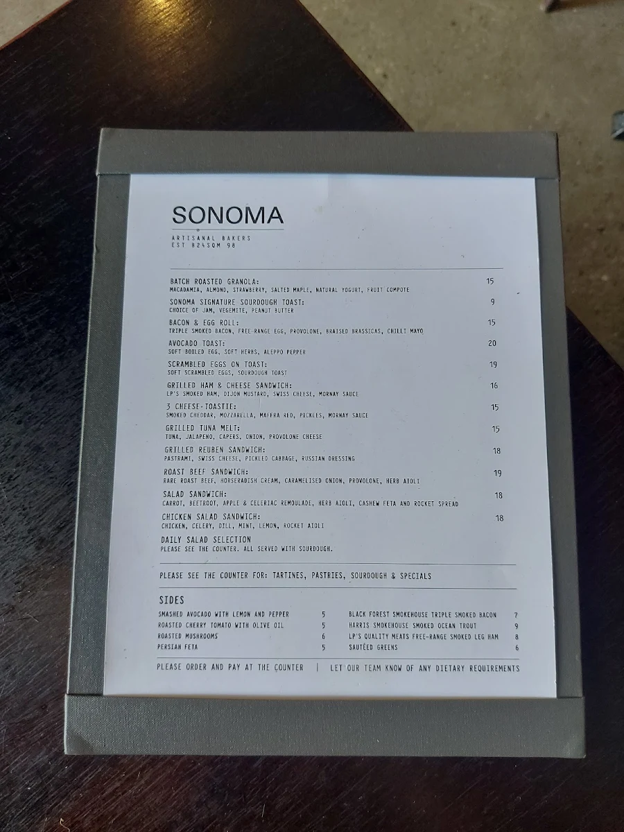 Menu, Sonoma Bakery Alexandria