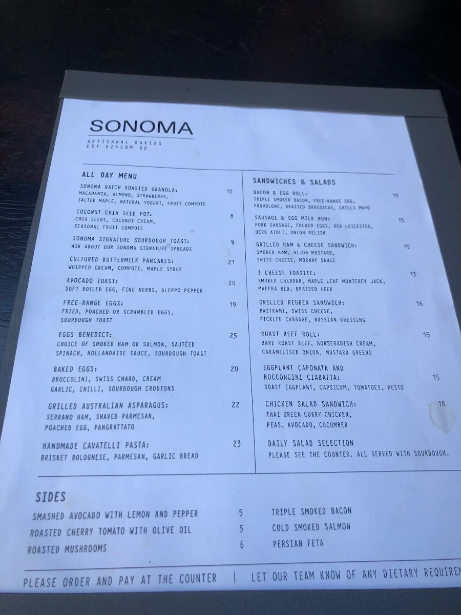Menu, Sonoma Bakery Alexandria