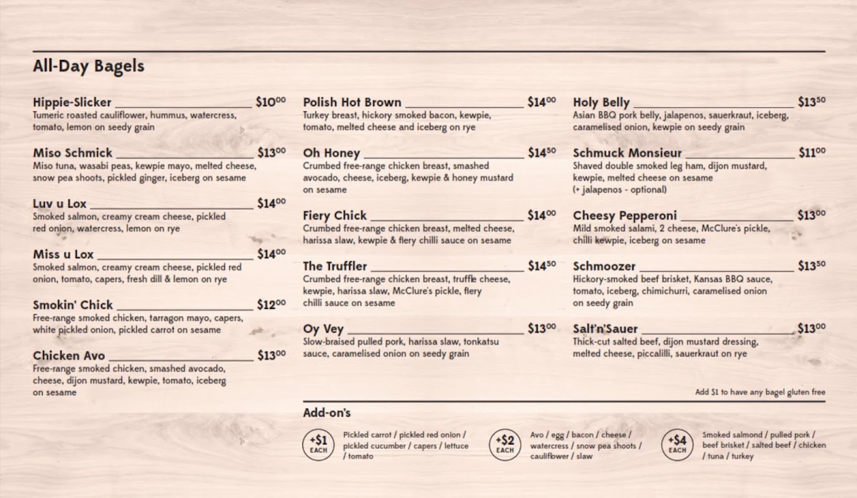 Menu, Schmucks Bagels