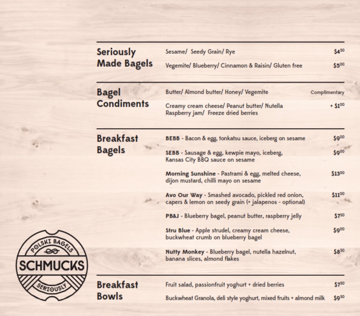 Menu, Schmucks Bagels