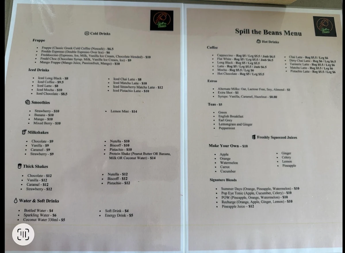 Menu, Spill the beans cafe Merrylands