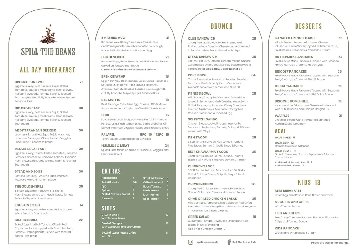 Menu, Spill the beans cafe Merrylands