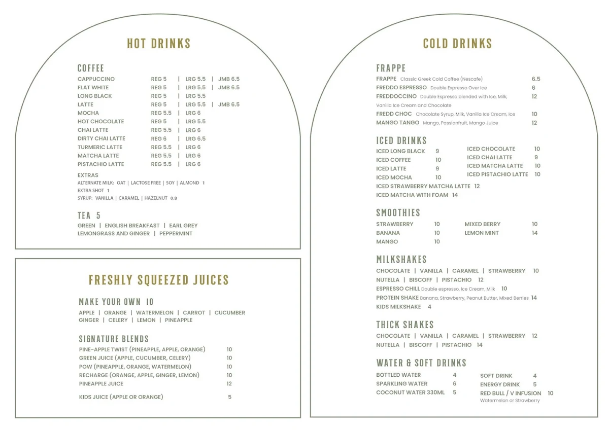 Menu, Spill the beans cafe Merrylands
