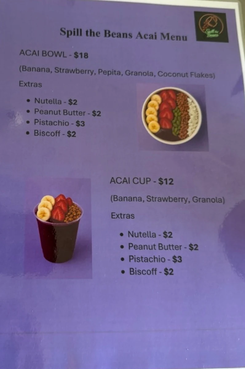 Menu, Spill the beans cafe Merrylands