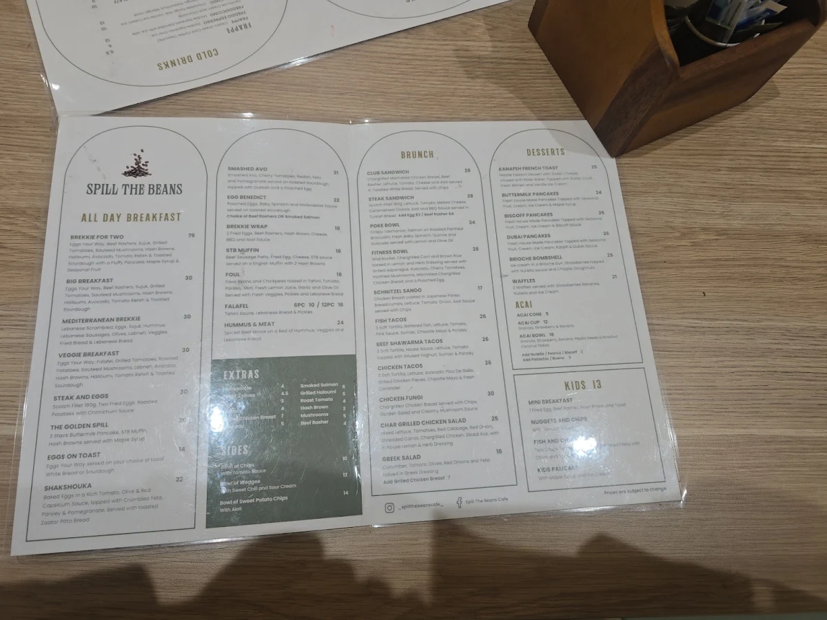 Menu, Spill the beans cafe Merrylands