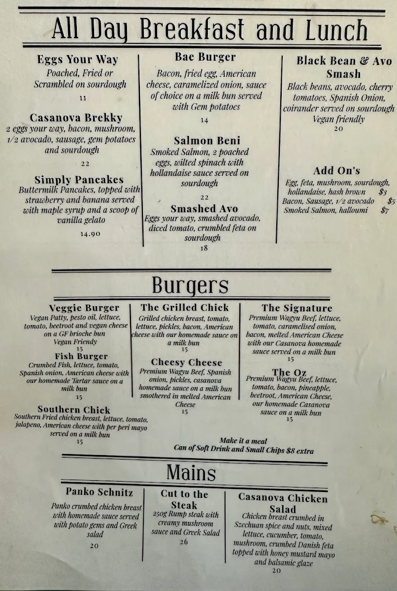 Menu, Casanova Cafe