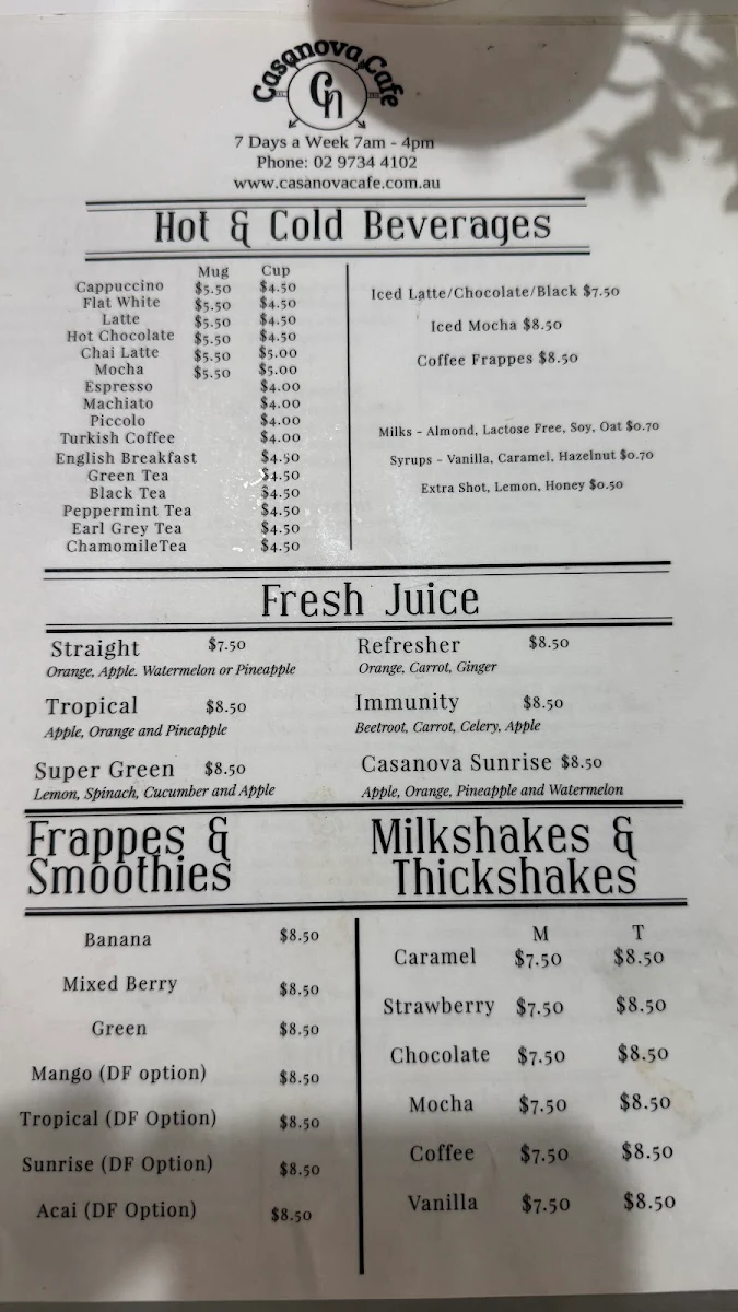 Menu, Casanova Cafe