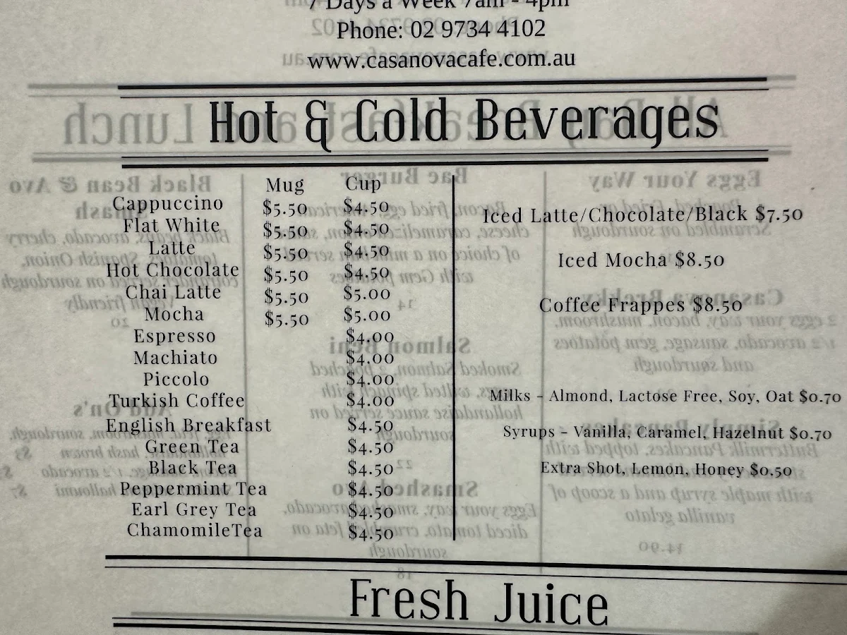 Menu, Casanova Cafe