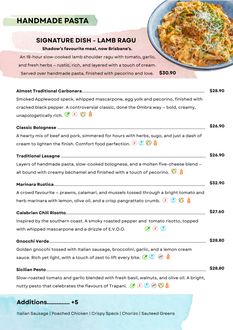 Menu, Ombra Italian - Chermside