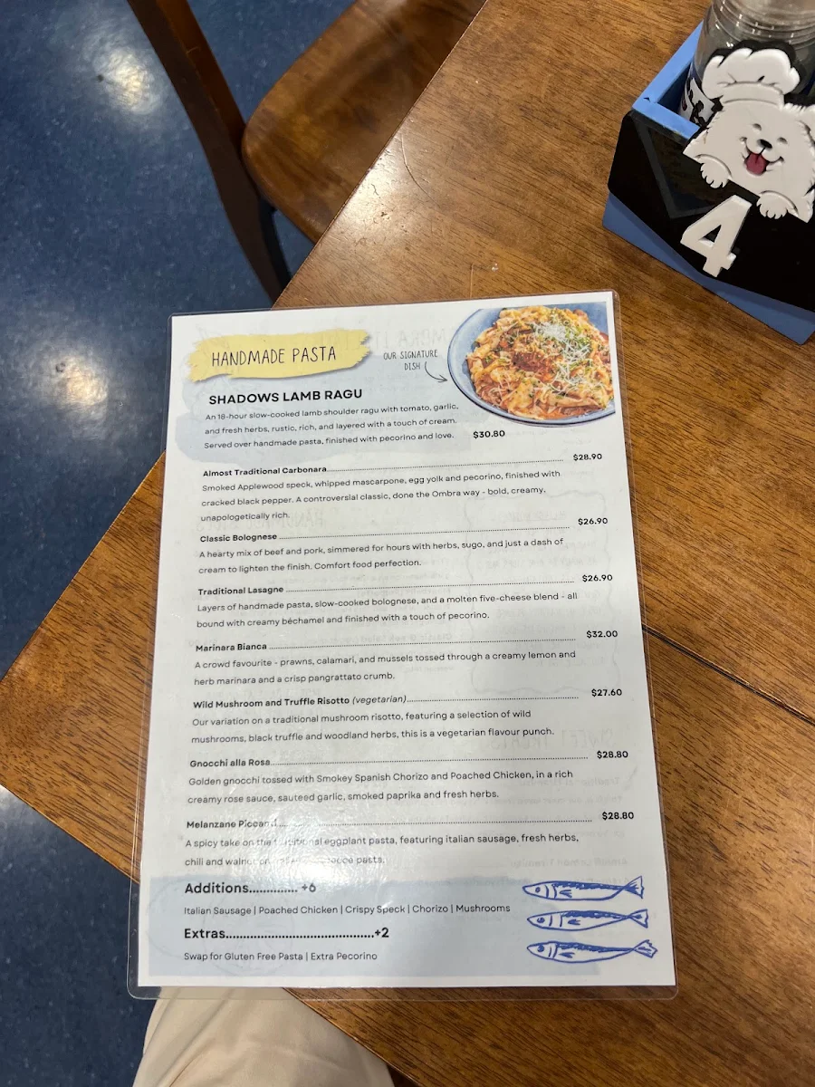 Menu, Ombra Italian - Chermside