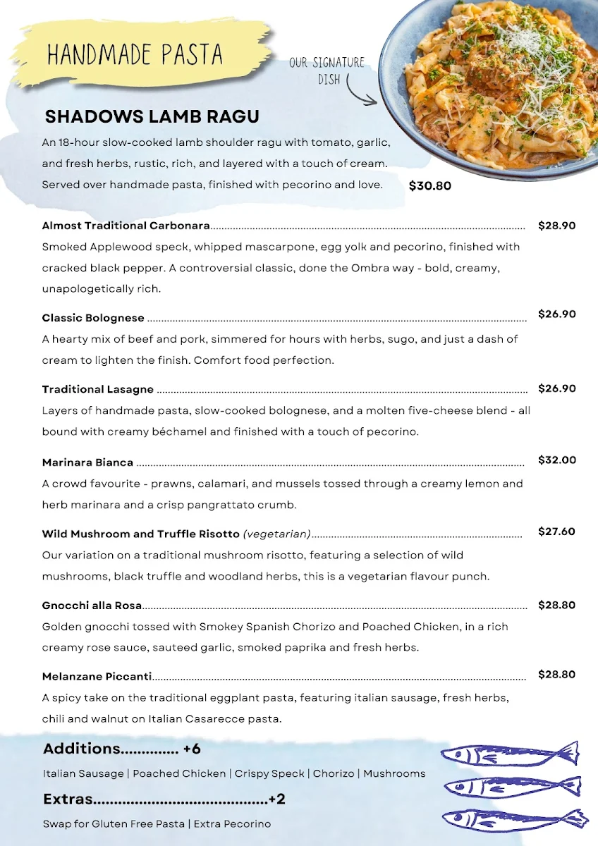 Menu, Ombra Italian - Chermside