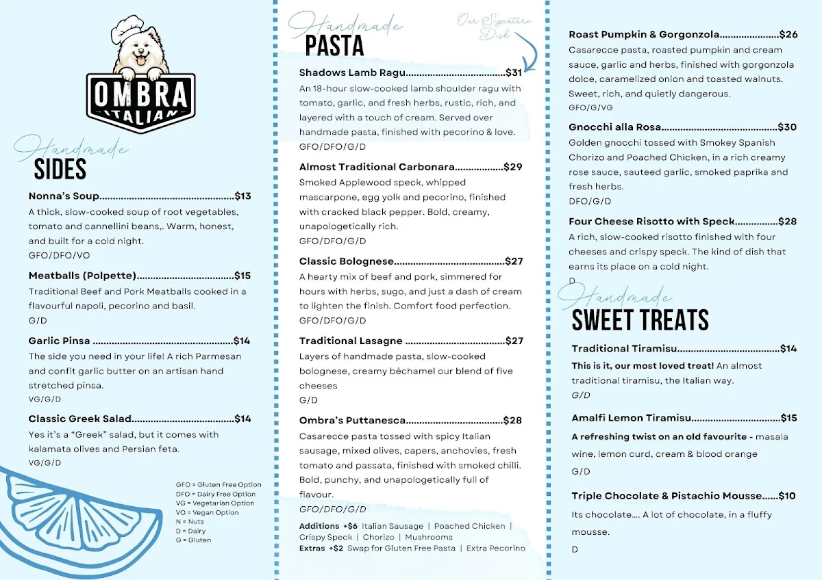 Menu, Ombra Italian - Chermside