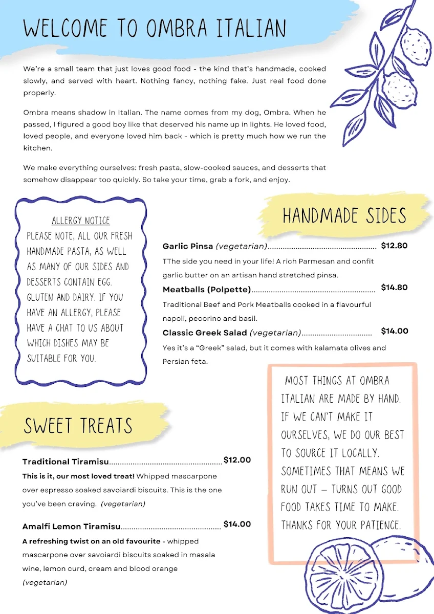 Menu, Ombra Italian - Chermside