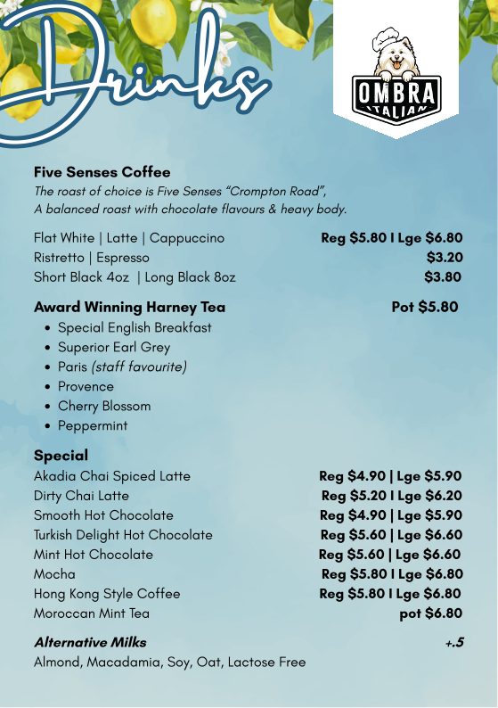 Menu, Ombra Italian - Chermside