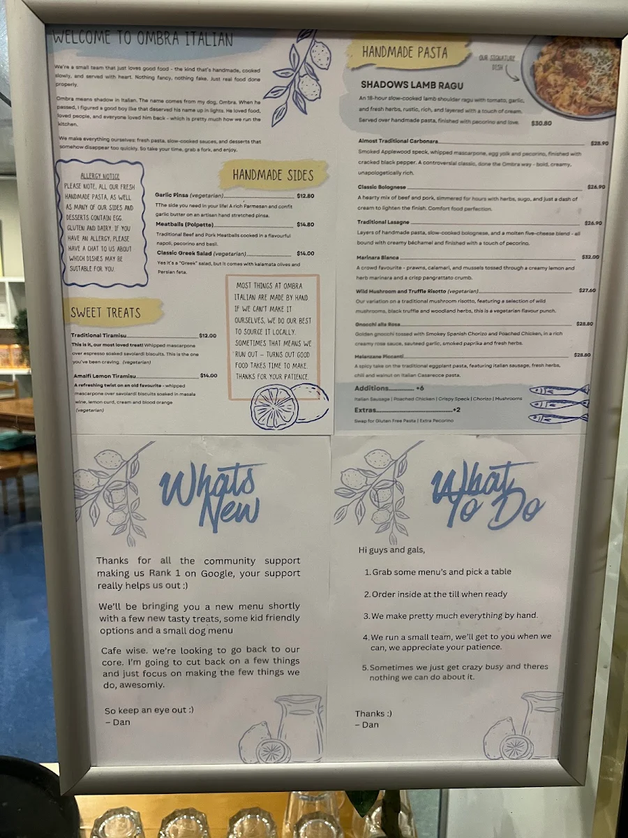 Menu, Ombra Italian - Chermside