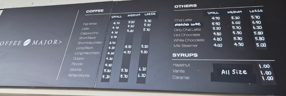 Menu, Coffee Major