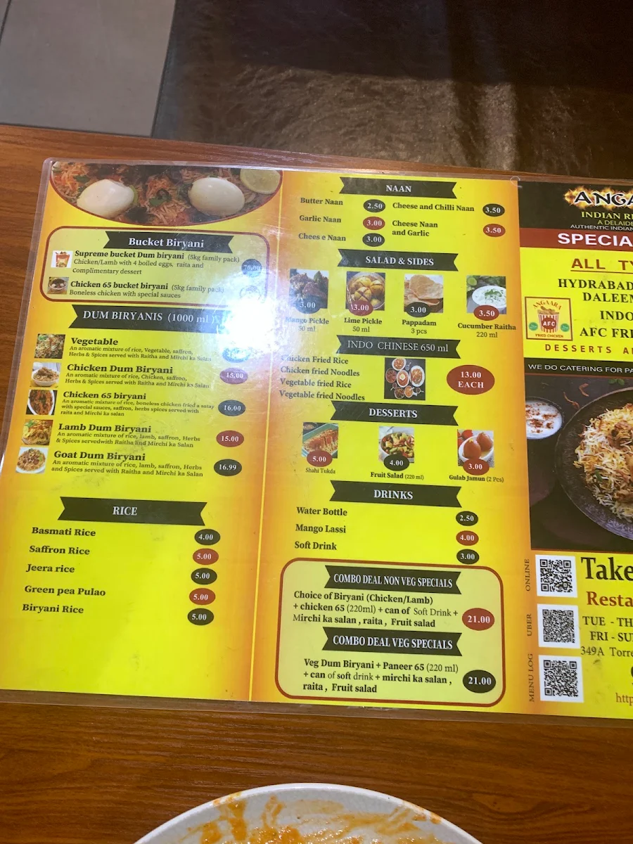 Menu, Dum Biryani at Angaara Indian Restaurant