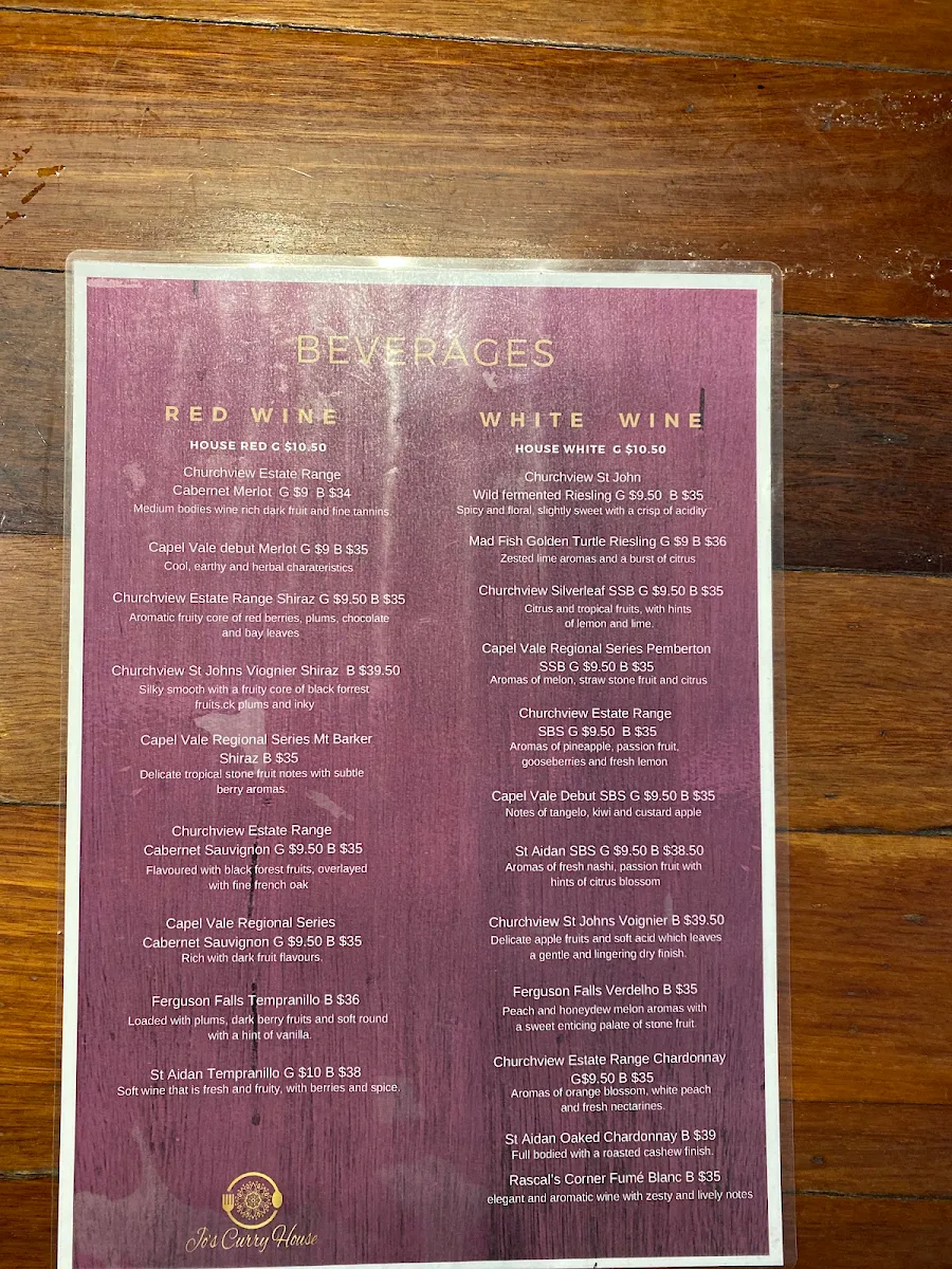 Menu, Jo’s Curry House