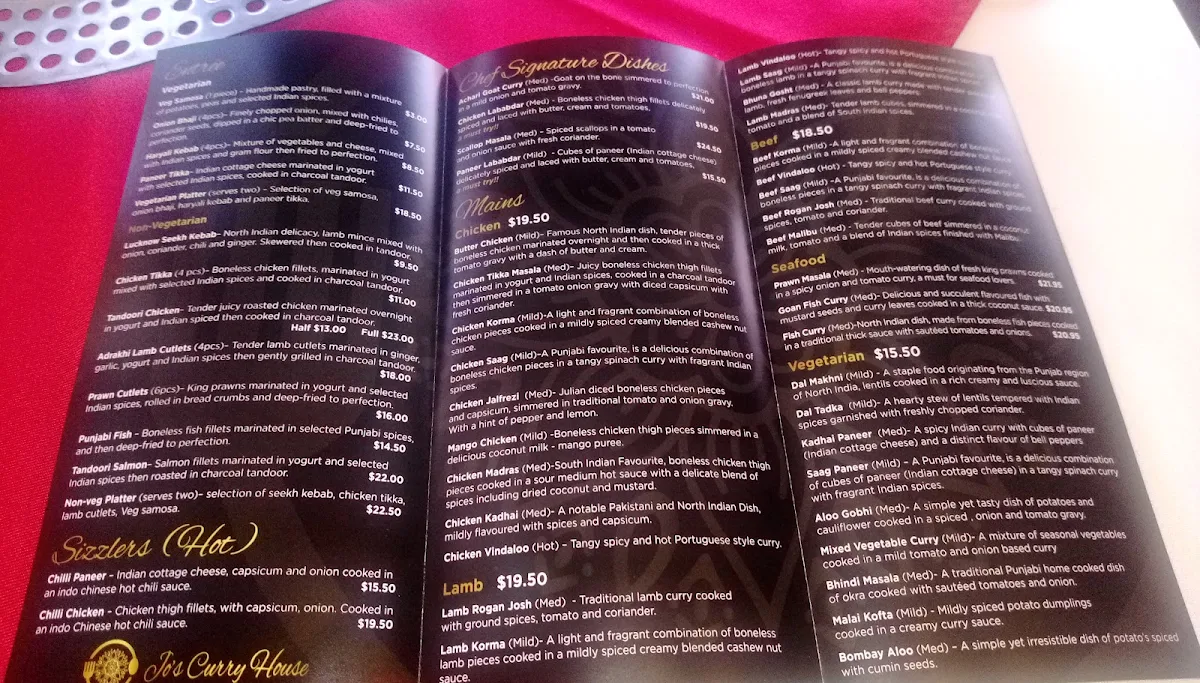 Menu, Jo’s Curry House