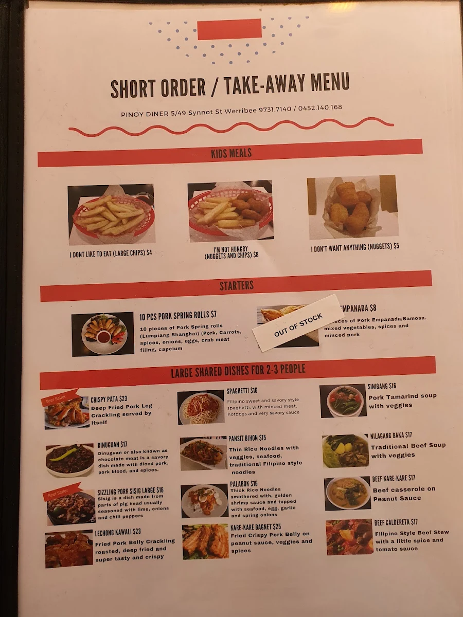 Menu, Pinoy Diner