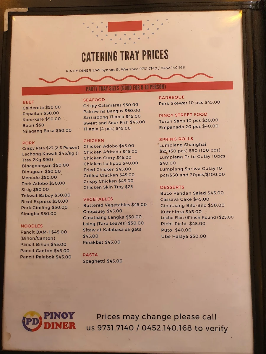 Menu, Pinoy Diner