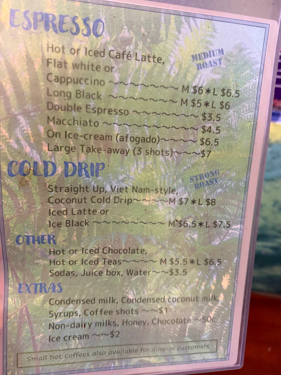 Menu, Kuranda Rainforest Coffee