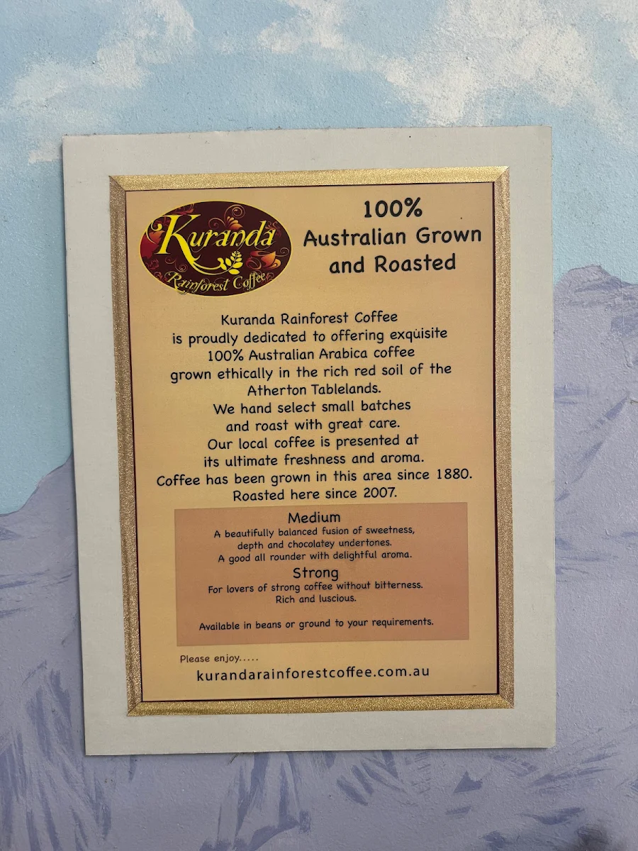 Menu, Kuranda Rainforest Coffee
