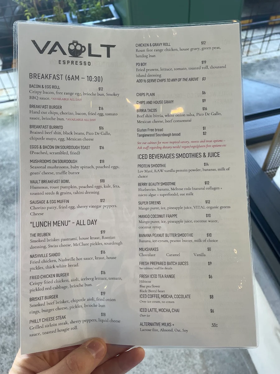 Menu, Vault Espresso