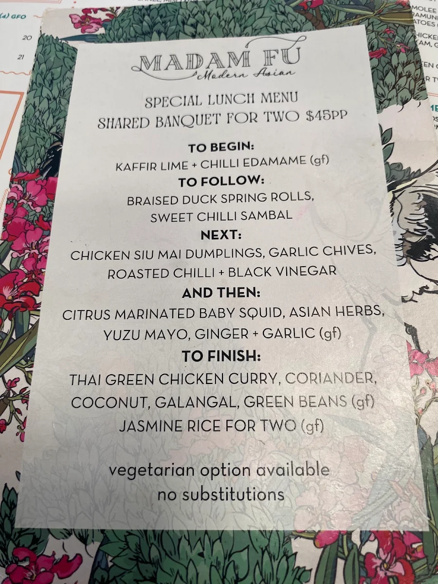 Menu, Madam Fu Modern Asian