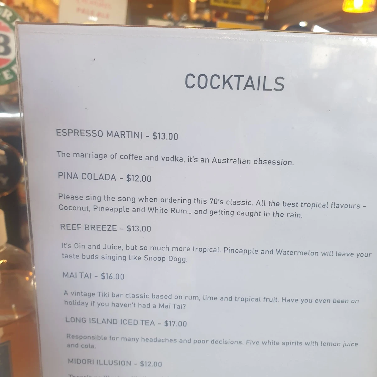 Menu, Magnums Hotel
