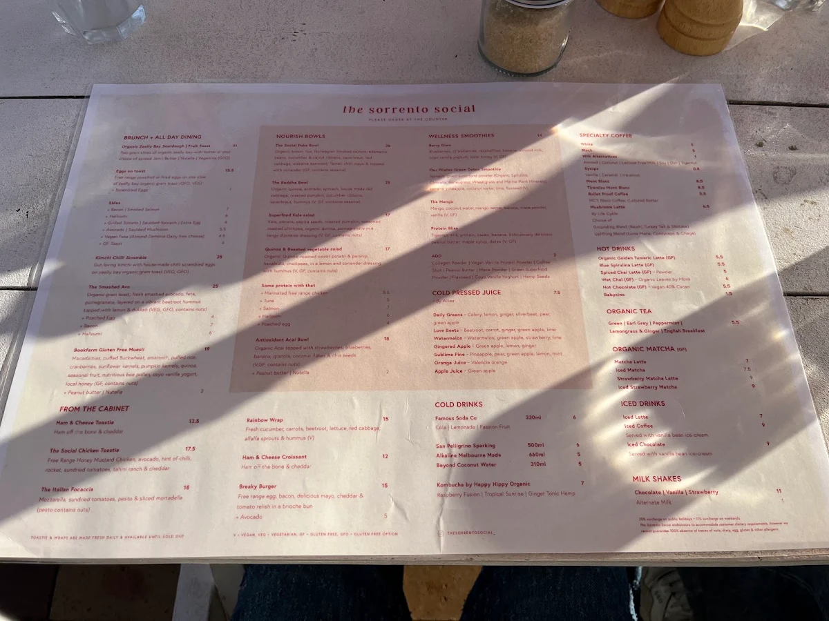 Menu, The Sorrento Social Cafe