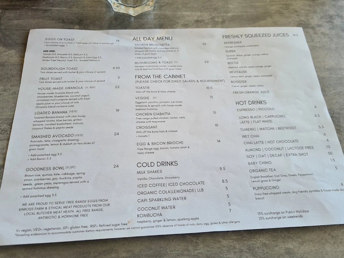 Menu, The Sorrento Social Cafe