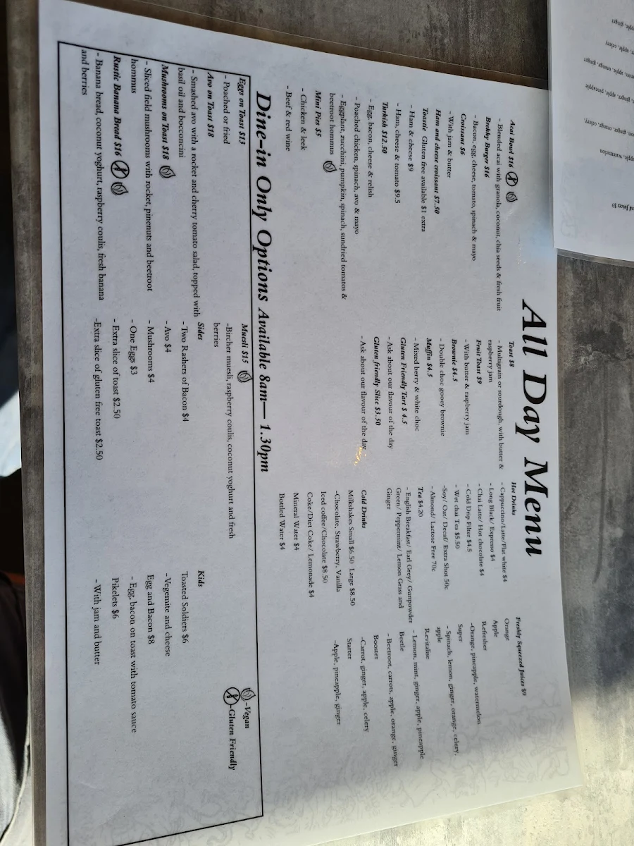 Menu, The Sorrento Social Cafe