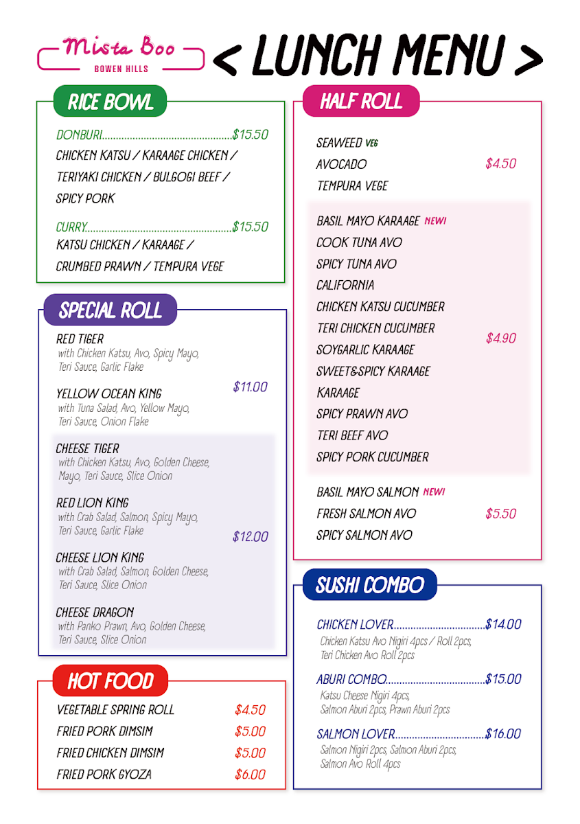 Menu, MistaBoo Sushi AYCE & TA - Bowen Hills
