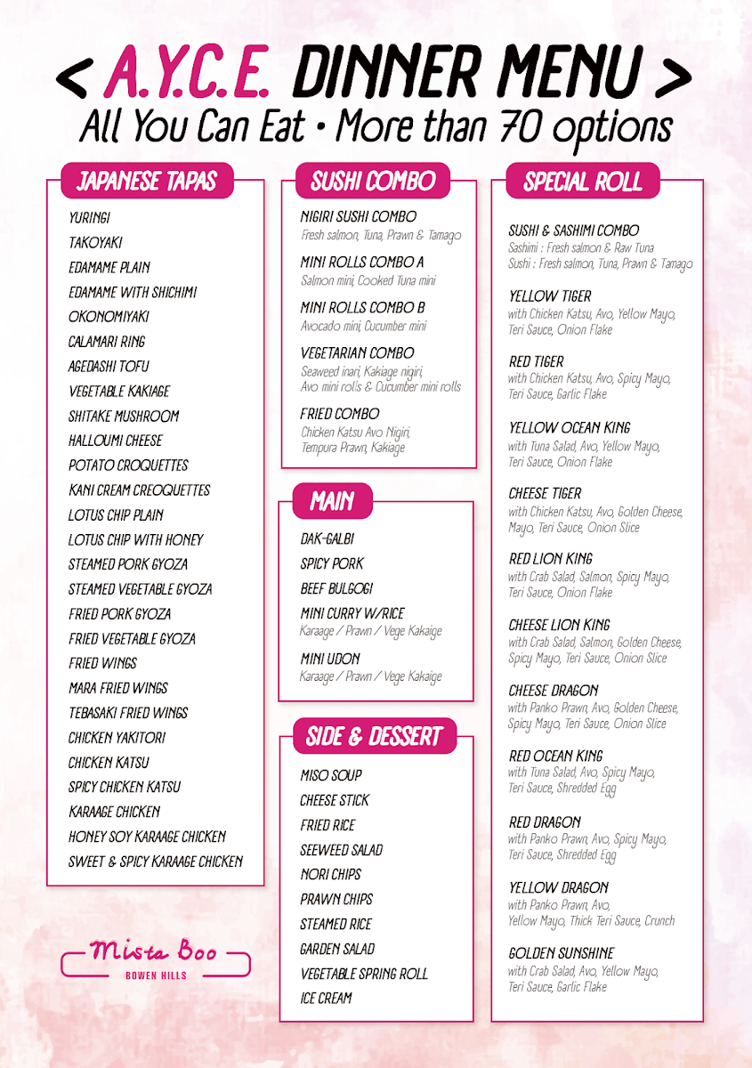 Menu, MistaBoo Sushi AYCE & TA - Bowen Hills