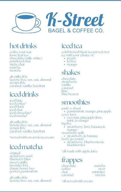 Menu, K-Street Bagel & Coffee Co.