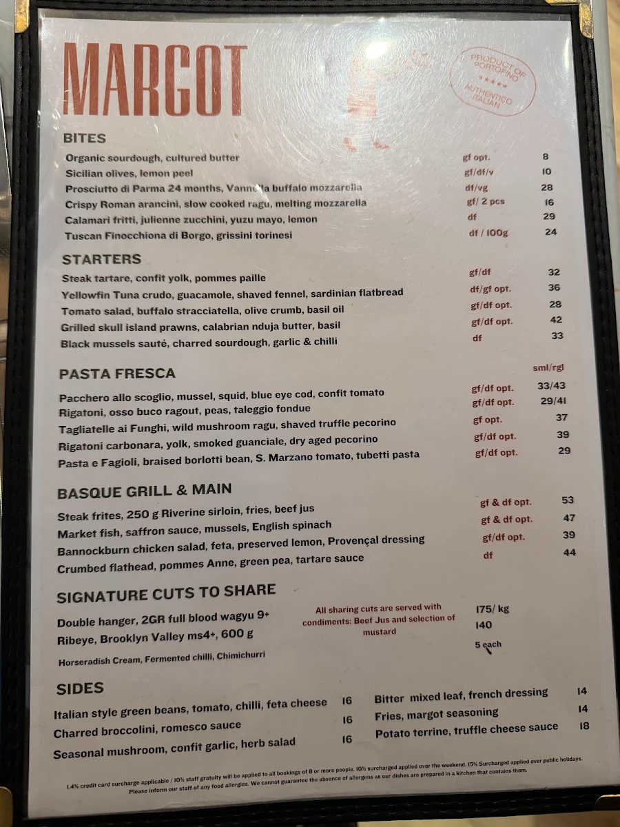 Menu, Margot Osteria