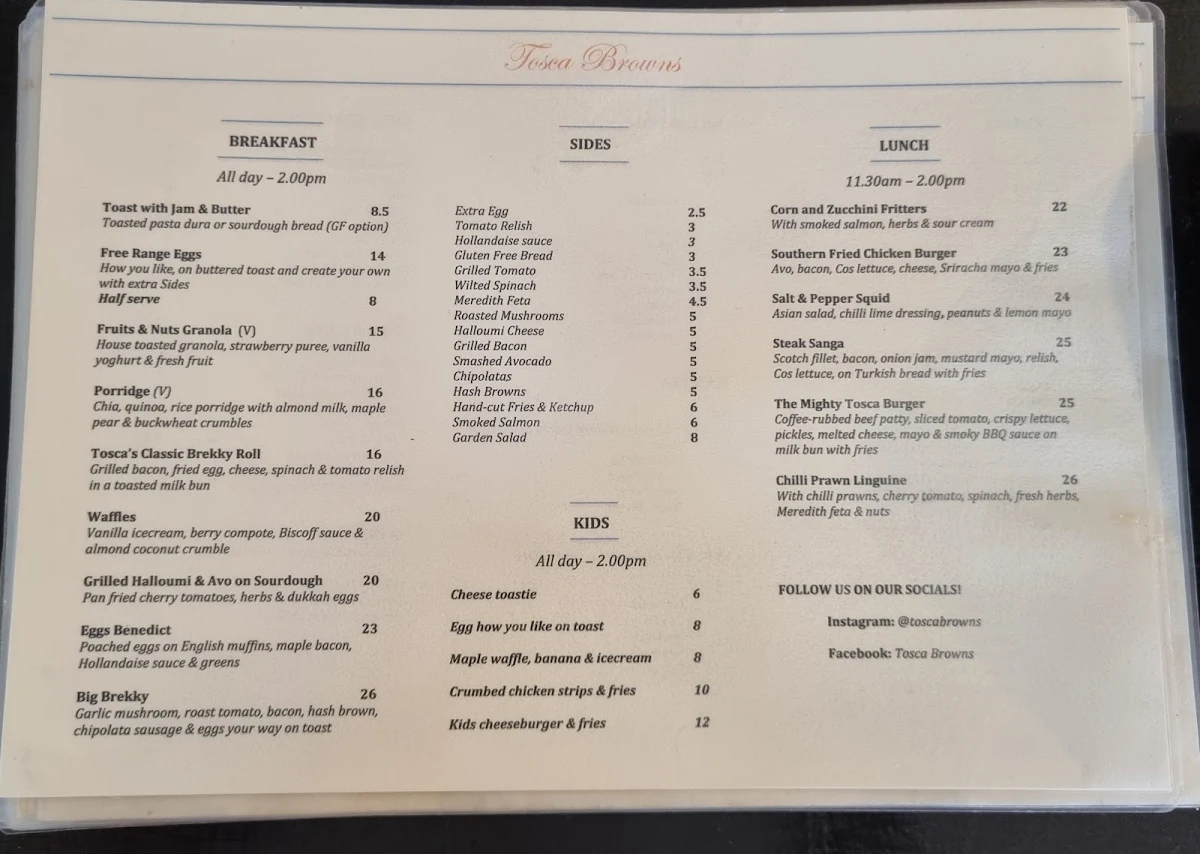 Menu, Tosca Browns