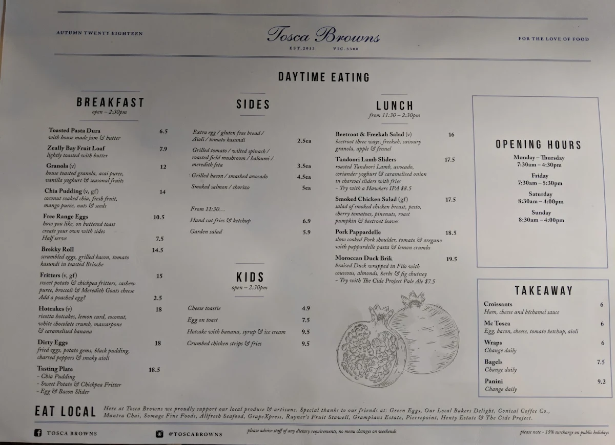 Menu, Tosca Browns