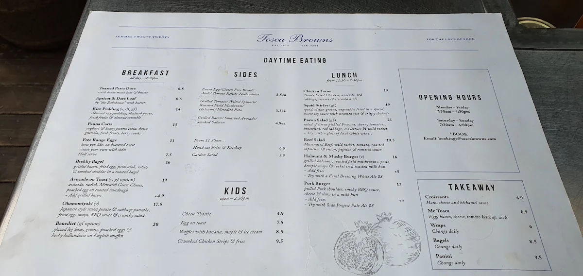 Menu, Tosca Browns