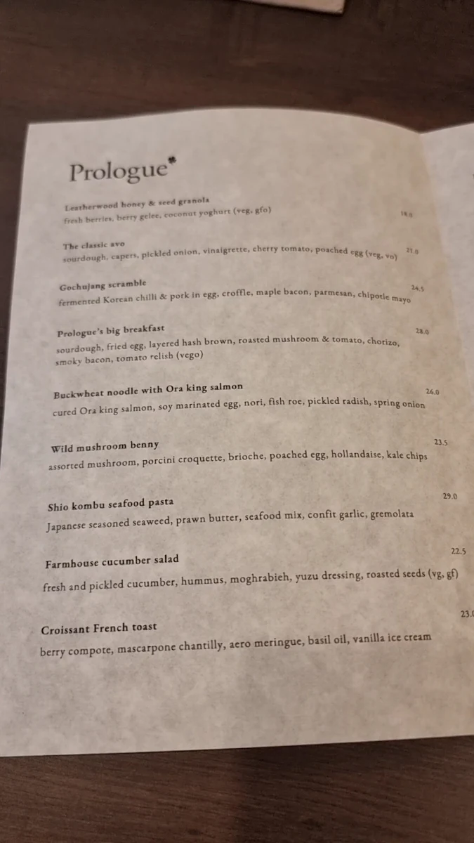 Menu, Prologue Cafe Melbourne