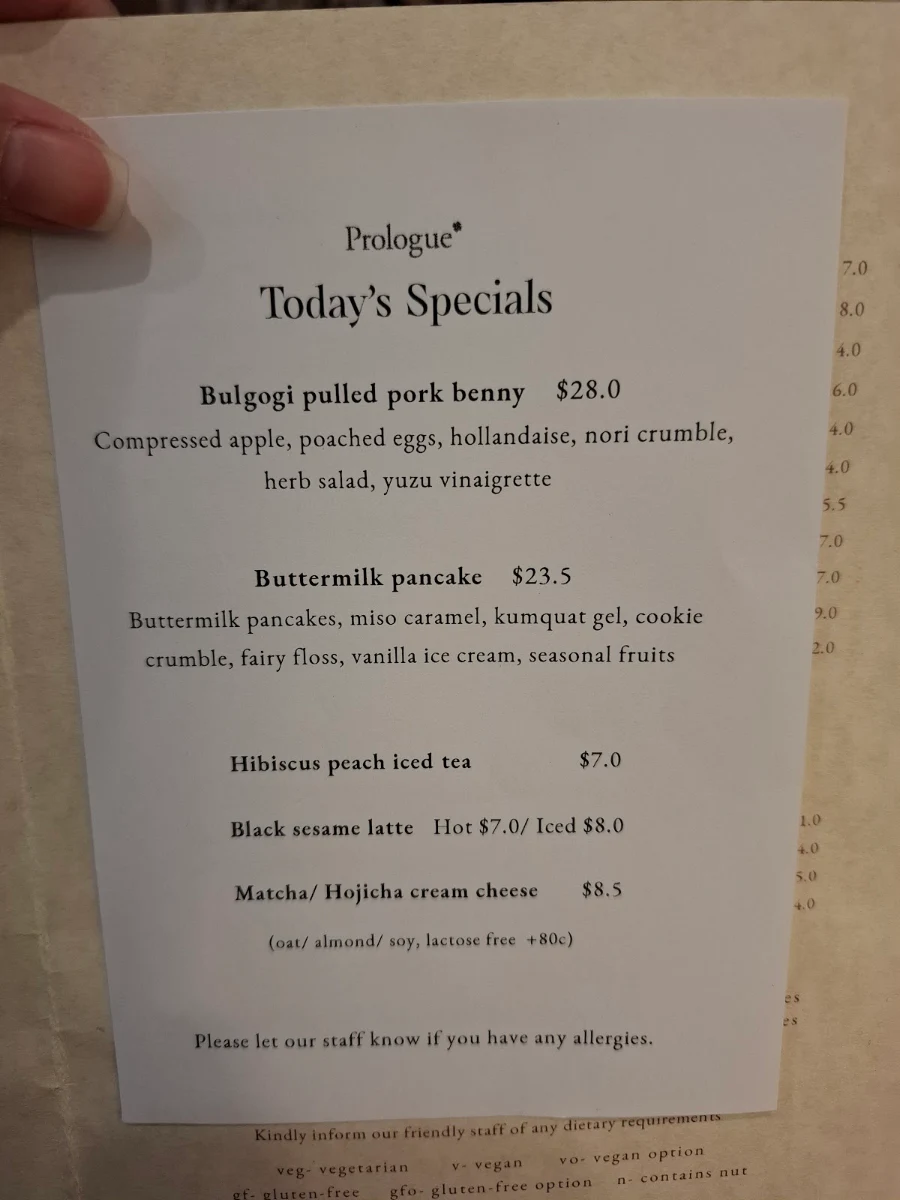 Menu, Prologue Cafe Melbourne