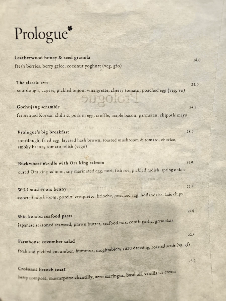 Menu, Prologue Cafe Melbourne