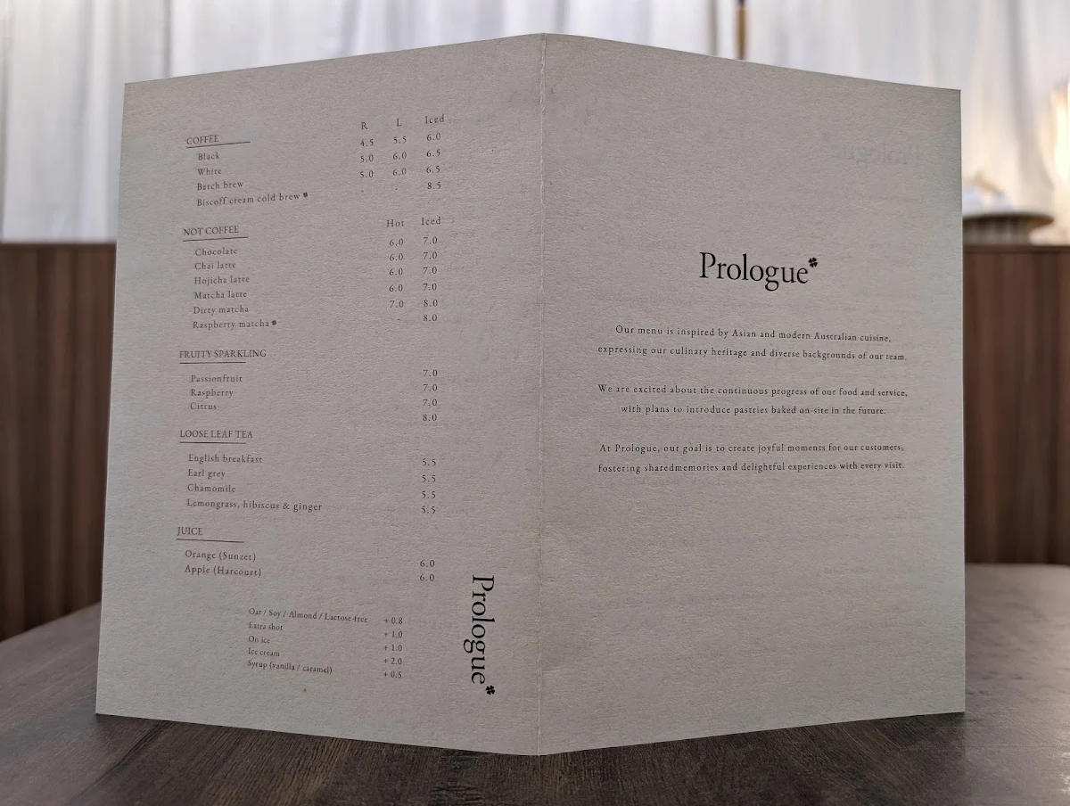 Menu, Prologue Cafe Melbourne