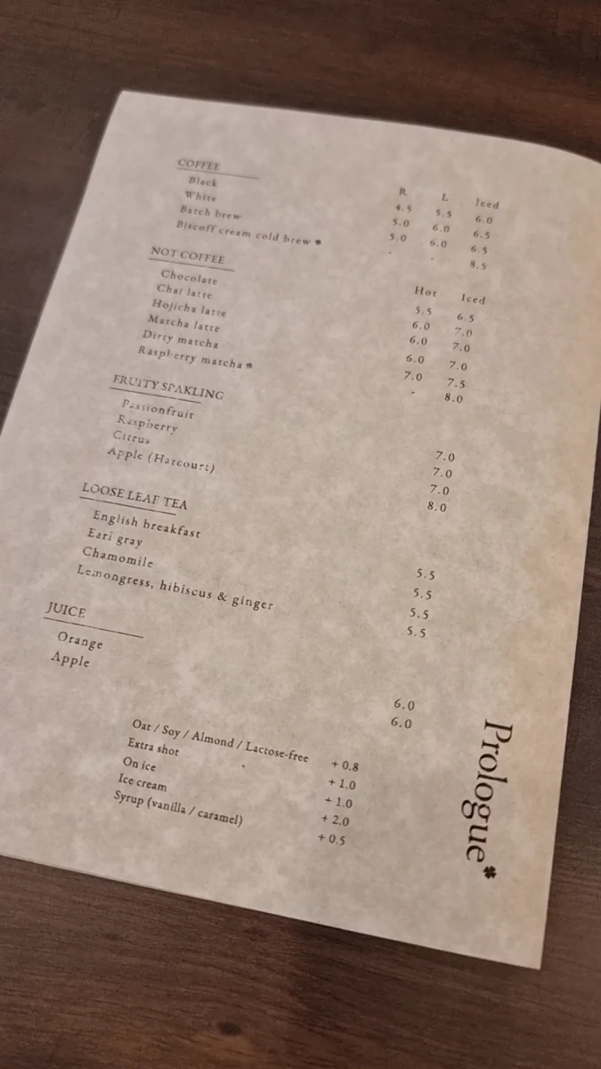 Menu, Prologue Cafe Melbourne