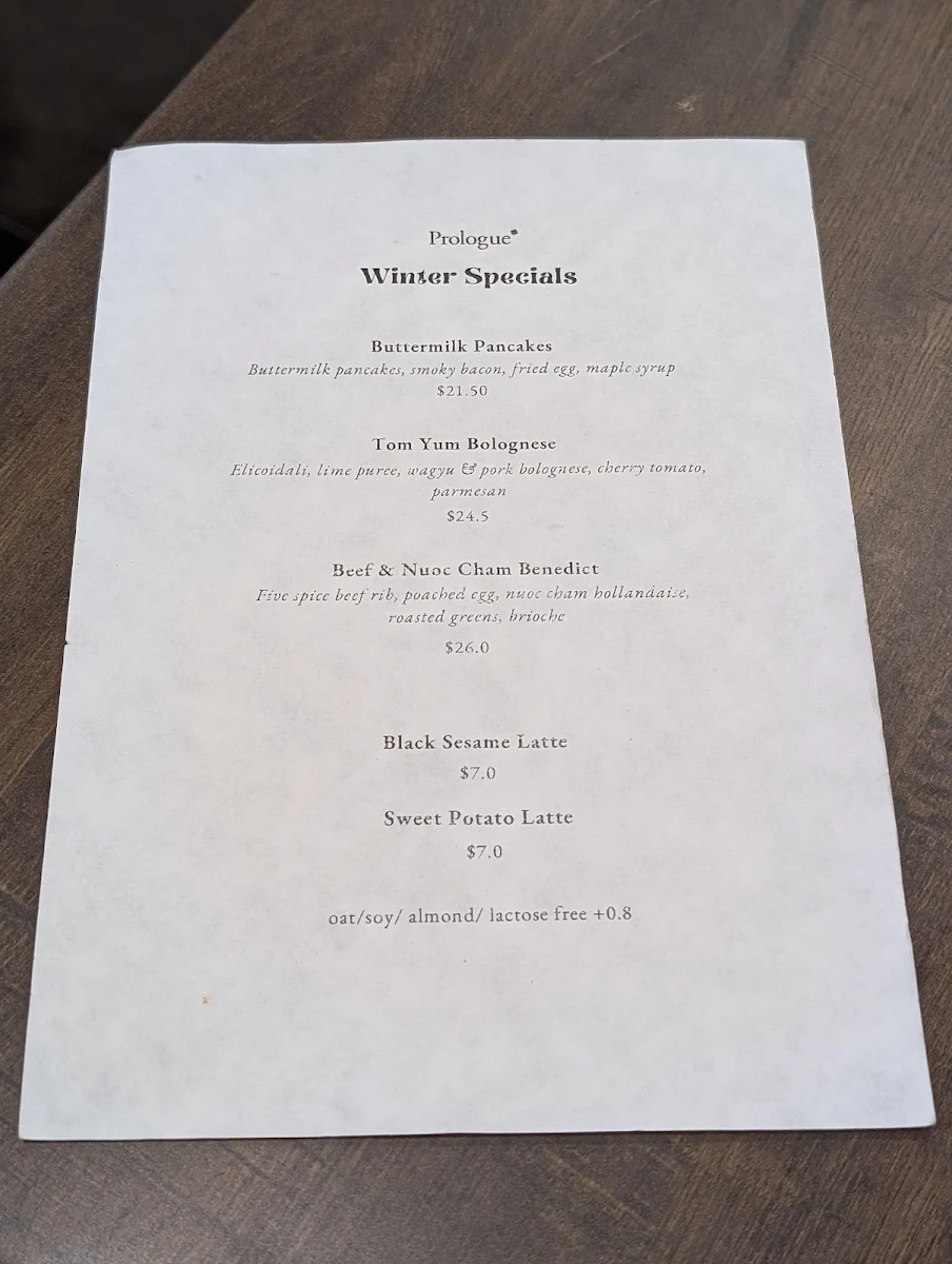 Menu, Prologue Cafe Melbourne