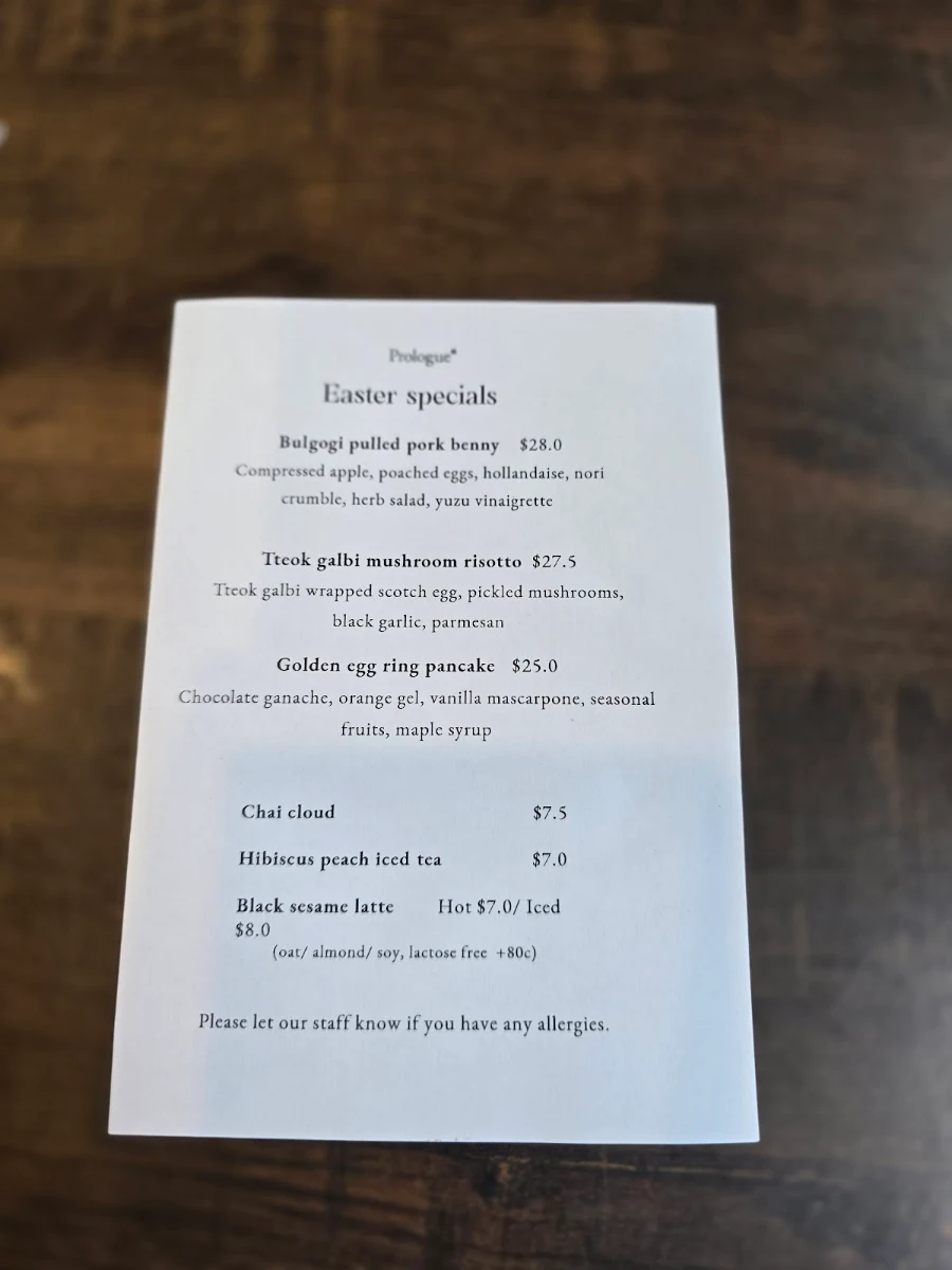 Menu, Prologue Cafe Melbourne