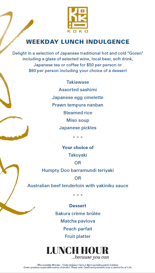 Menu, Koko